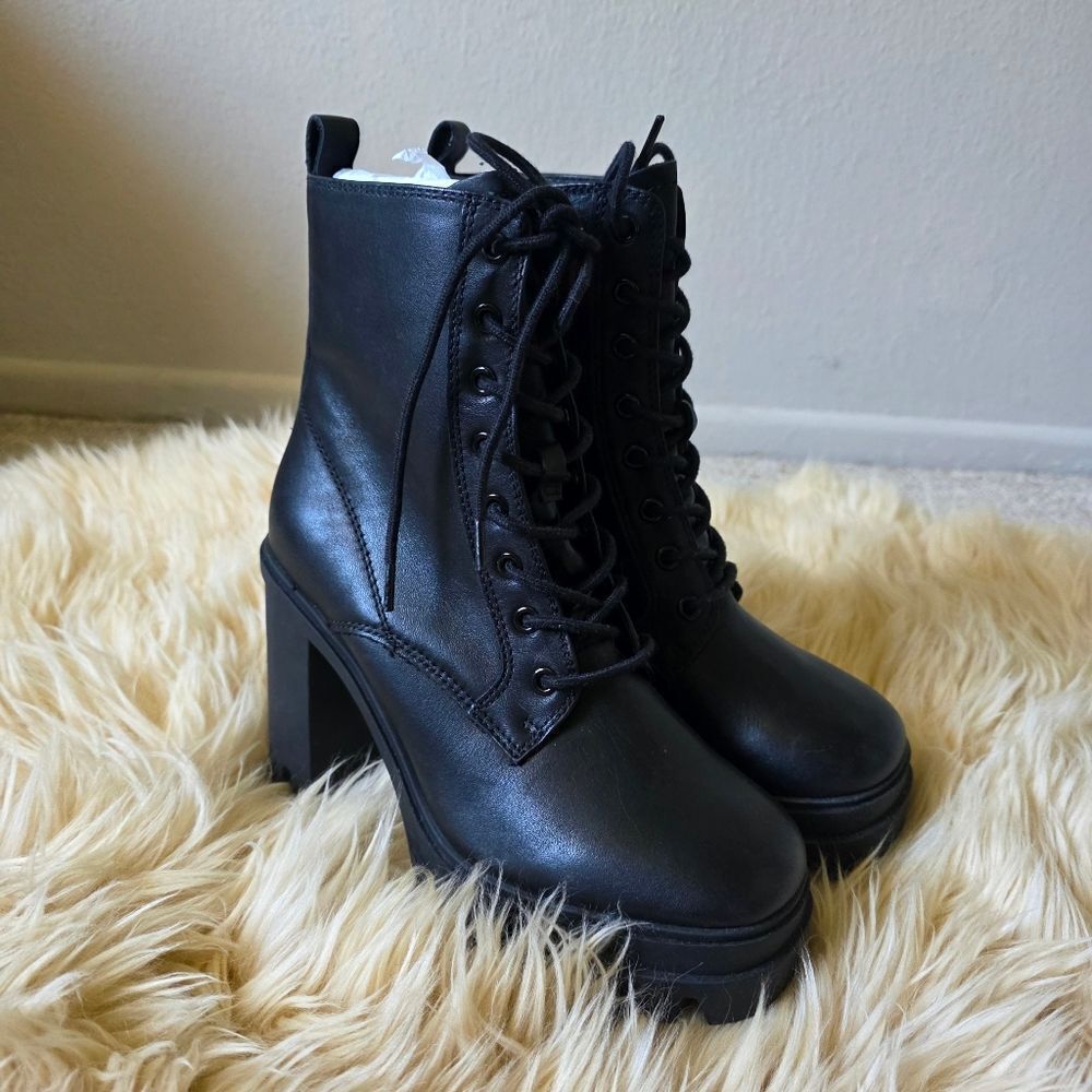NWT Aldo Rebelia Black Leather Heeled Combat Boots Size 8 - Picture 2 of 10